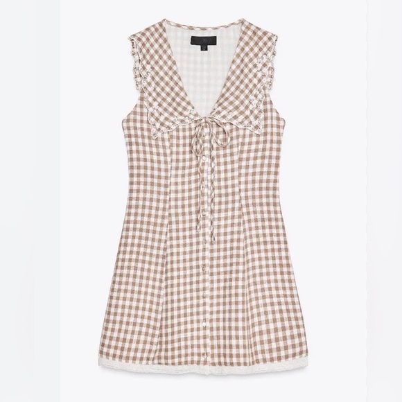 Zara Dresses & Skirts - Zara Sleeveless Brown Gingham Tie-Front Dress Lace Ruffle Feminine Sundress